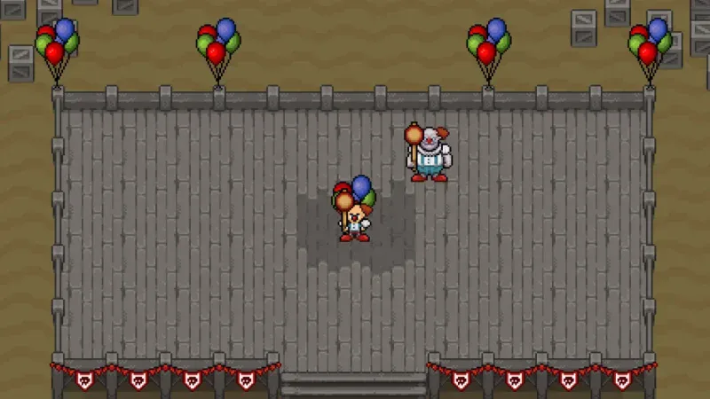 A clown and a player holding balloons on a wooden stage at Bonko's Carnival in Fantasy Online 2