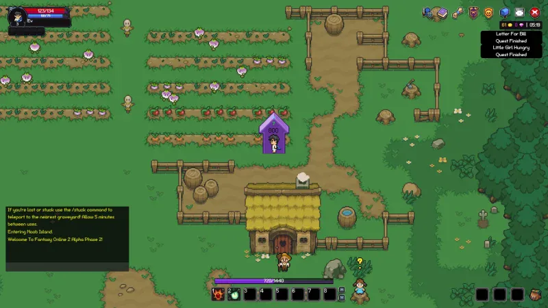 A player walks past crop fields and a farmhouse in a village in Fantasy Online 2