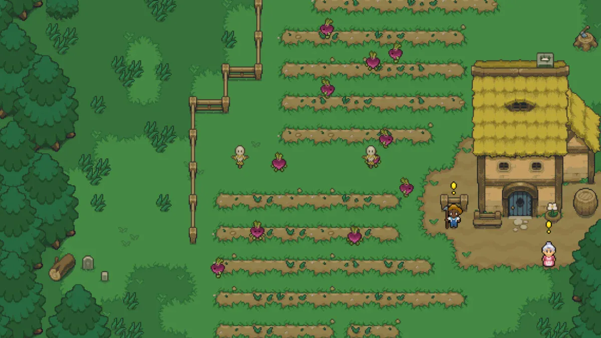 A thatched farmhouse beside rows of beet crops in a pine forest in Fantasy Online 2