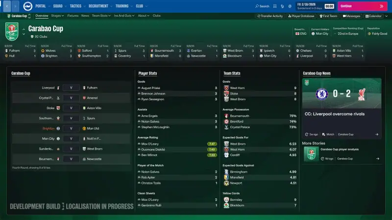 The Carabao Cup competition screen with fixtures, player stats and news in Football Manager 27