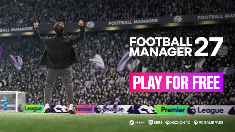 A manager celebrates in front of the fans next to a Football Manager 27 Play for Free banner