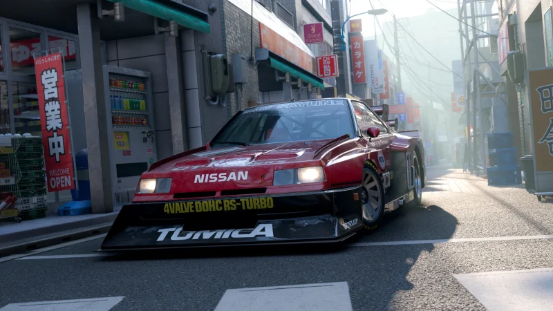 A classic Nissan race car on a narrow Japanese street in Forza Horizon 6