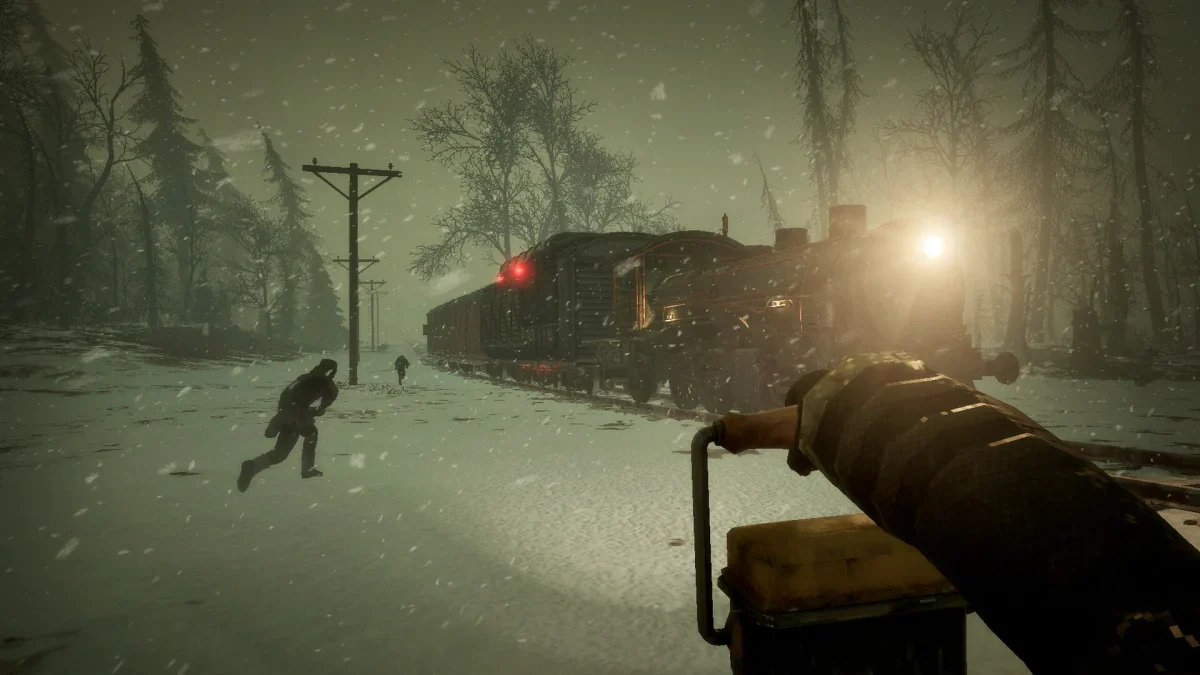 An armoured steam train pushes through a blizzard in Frostrail