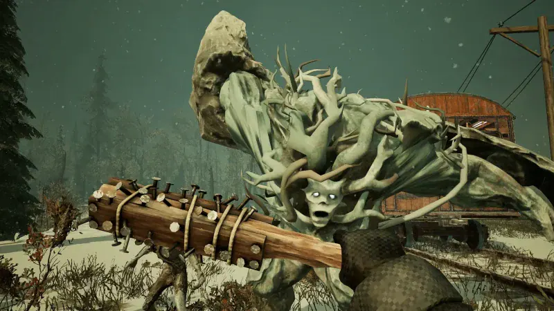 A player swings a spiked club at a Revenant in the snow in Frostrail