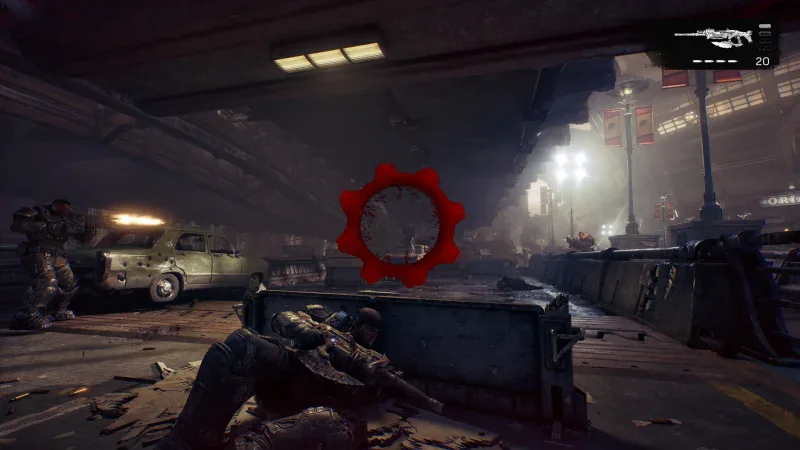Marcus Fenix in cover during a firefight in the streets of Kalona in Gears of War: E-Day