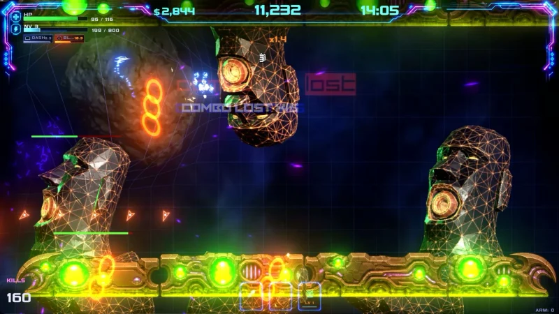 Giant stone heads loom over the arena in a boss fight in Geometry Rift: Apocalypse