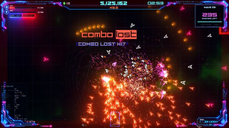A neon ship blasts a swarm of orange enemies as a 'combo lost' message flashes in Geometry Rift: Apocalypse