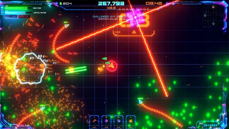 Red laser beams and green neon enemies fill a grid arena in Geometry Rift: Apocalypse