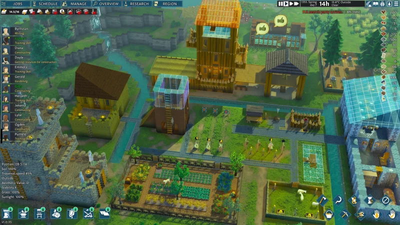 A busy medieval settlement with fields and buildings in Going Medieval