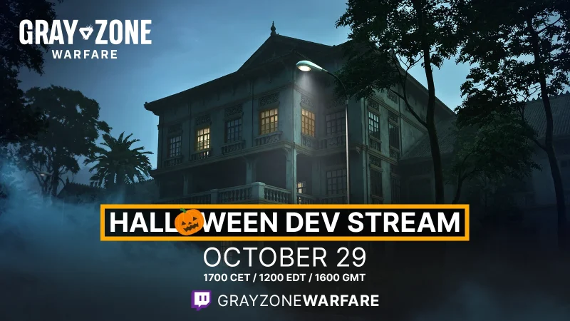 A dark mansion at night on the Gray Zone Warfare Halloween Dev Stream banner, dated October 29