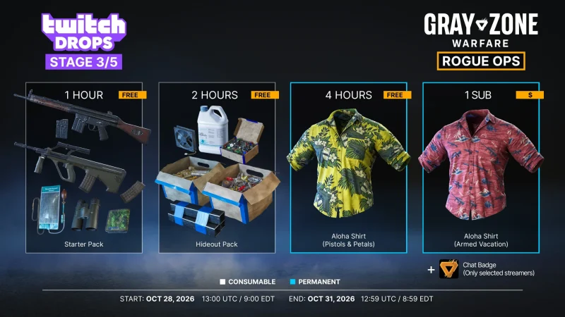 Stage 3 Gray Zone Warfare Twitch Drops: a Starter Pack, a Hideout Pack and two Aloha shirts