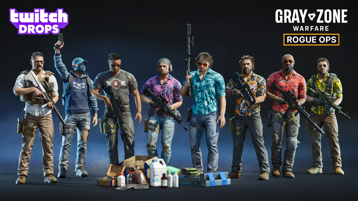 Eight PMC operators in Hawaiian shirts and jeans stand behind piles of supplies on the Gray Zone Warfare Rogue Ops Twitch Drops banner
