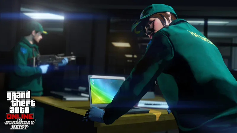 Crew members in caps work at laptops while planning a heist in Grand Theft Auto V