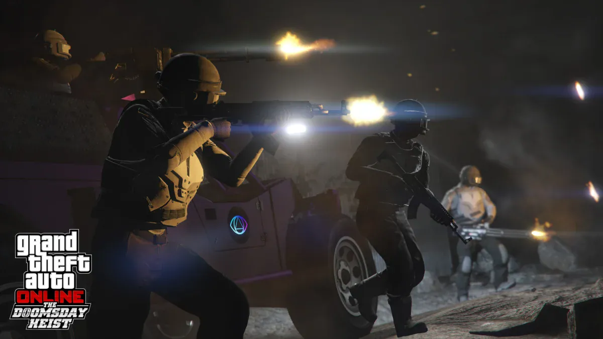 Masked crew members fire from behind a car during a heist in Grand Theft Auto V