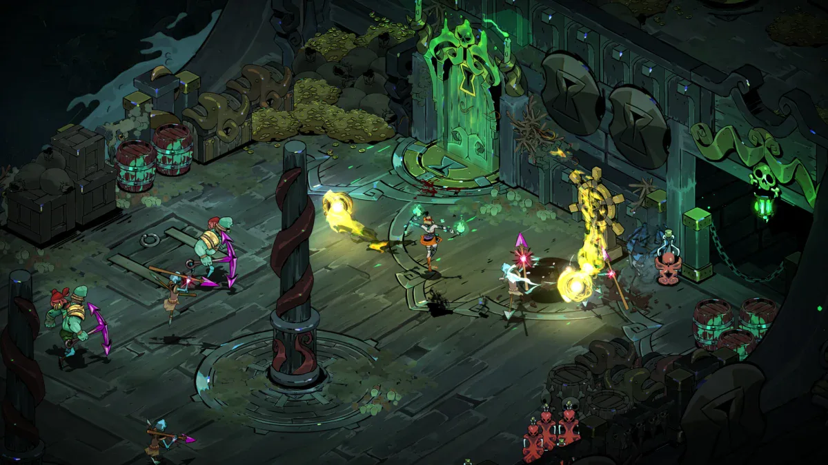 A fight in a dark garden lit by glowing green magic in Hades II