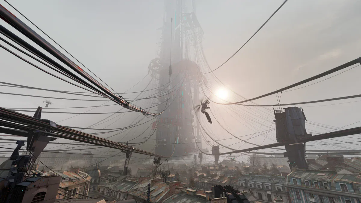 City 17 and the Combine Citadel through the fog in Half-Life: Alyx