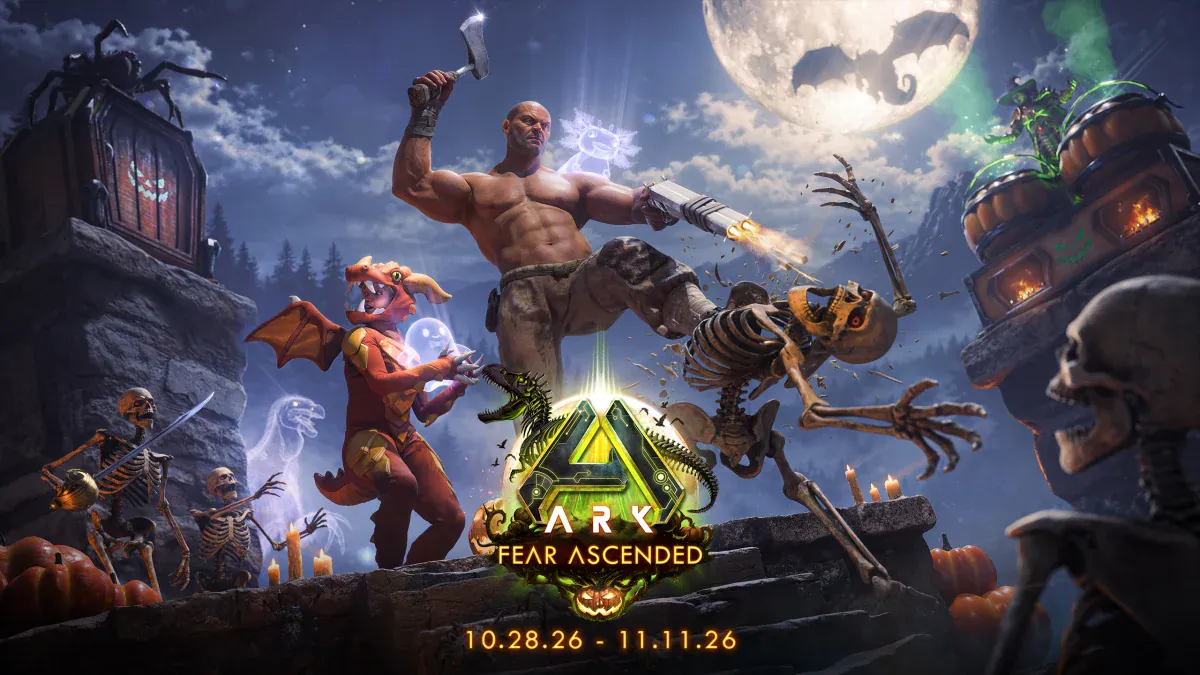 A survivor fights skeleton dinosaurs and a pumpkin-headed creature under a full moon in ARK: Survival Ascended's Fear Ascended event