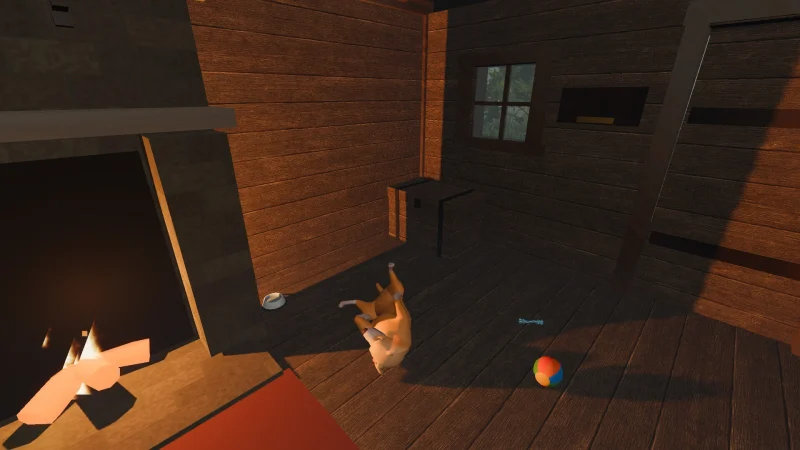 A fox inside a wooden hunting cabin in Hazzard Hearth