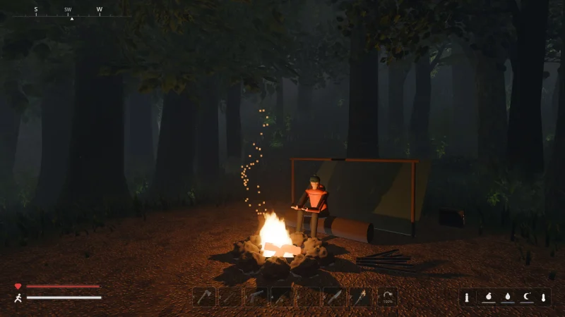 A survivor sits by a campfire in a dark forest at night in Hazzard Hearth