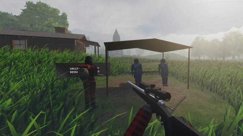 A first-person scoped rifle aimed at figures by a farm in Hazzard Hearth