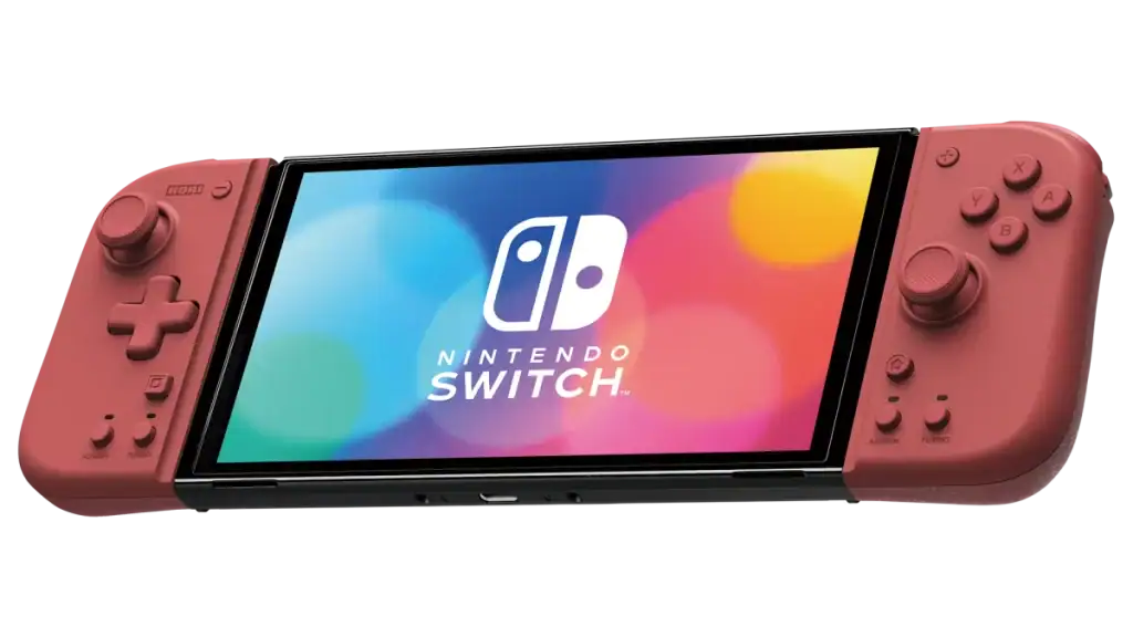HORI Split Pad Compact controllers attached to a Nintendo Switch (Apricot Red edition shown)