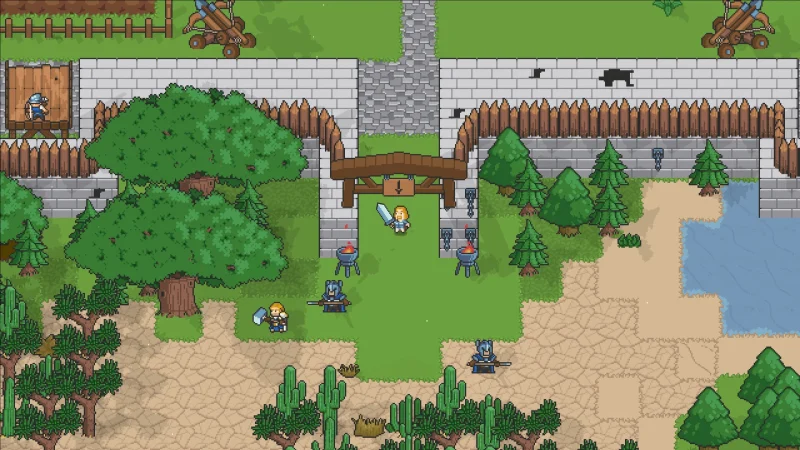 A player with a sword fights armoured soldiers outside a stone fort gate on the edge of a desert in Isles of Arcana