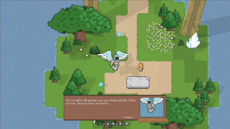 A winged armoured figure warns that the corruption still spreads, on a small forest island in Isles of Arcana