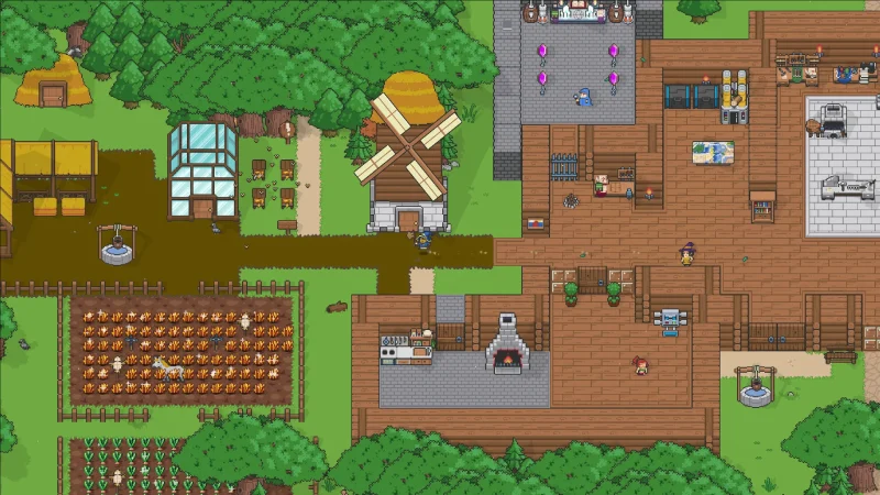 A pixel-art homestead with a windmill, greenhouse, crop fields and a furnished wooden house in Isles of Arcana
