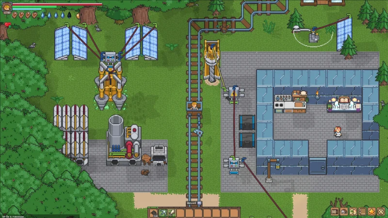 Solar panels, a drilling machine and a mine-cart rail line next to a glass-walled workshop in Isles of Arcana
