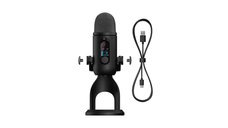 The black Logitech G Yeti 2 microphone on its stand with its USB-C cable