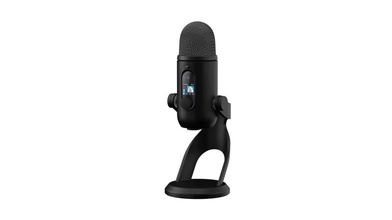The black Logitech G Yeti 2 from the front left, showing its colour LED screen and control dial