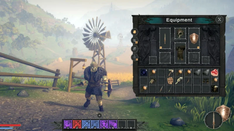 An armoured Dark Lord stands by a windmill next to the equipment menu in Lord of Undead