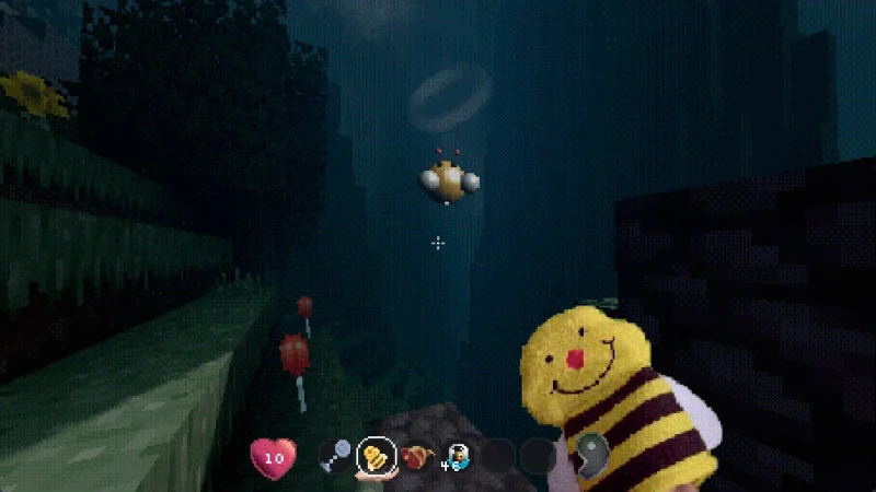 A strange bee creature floats in a dark blocky world in Lucid Blocks