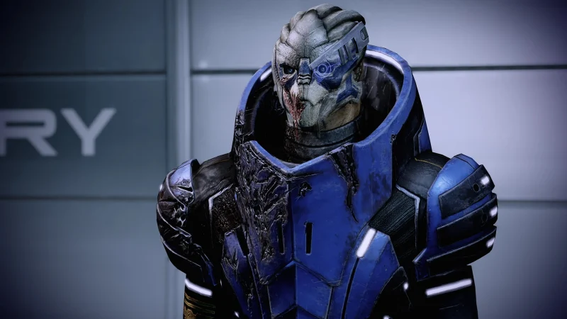 Garrus Vakarian in battle-scarred blue armour in Mass Effect Legendary Edition