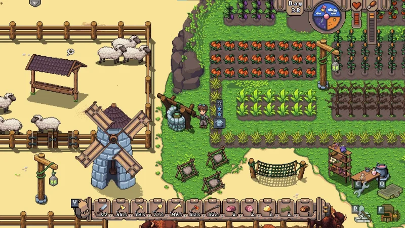 A pixel-art homestead with sheep pens, a windmill and rows of crops in Mayday: The Survival Island