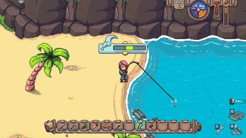The player fishes from a sandy beach next to a palm tree in Mayday: The Survival Island