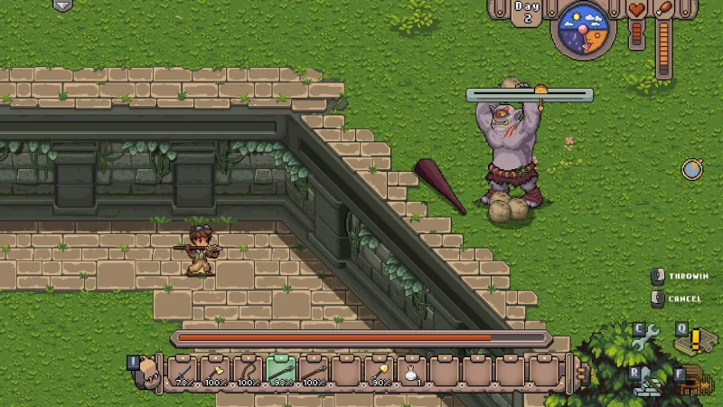 The player faces a club-wielding troll inside ancient stone ruins in Mayday: The Survival Island
