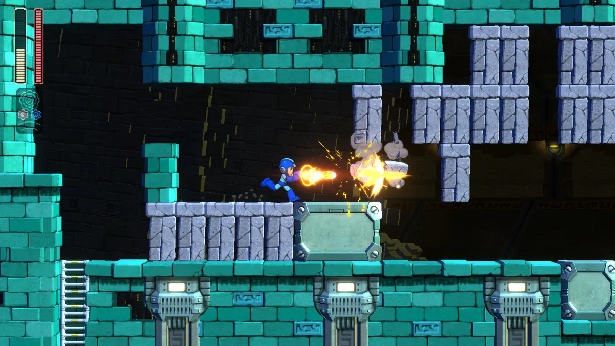 Mega Man fires his buster in a blue-and-teal level in Mega Man 11