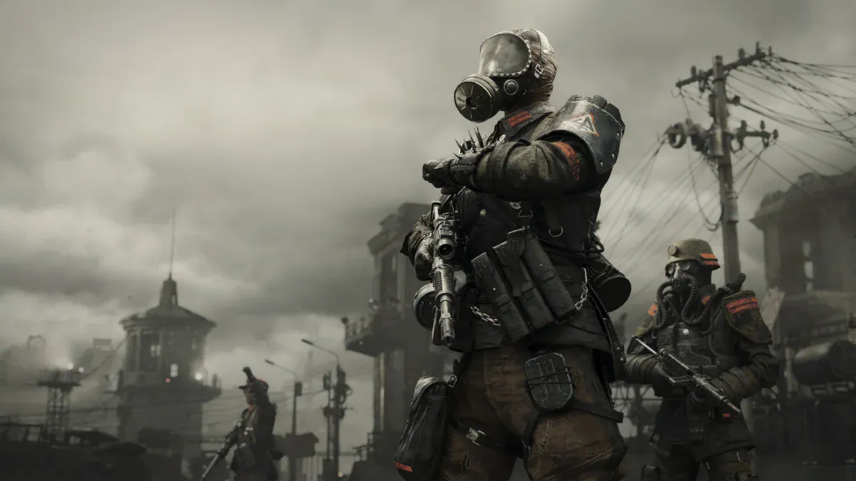 Gas-masked Spartan soldiers on a ruined Moscow street in METRO 2039