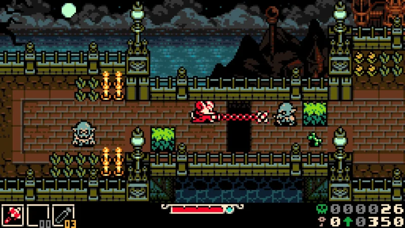 Mina whips an enemy in a pixel-art castle courtyard in Mina the Hollower