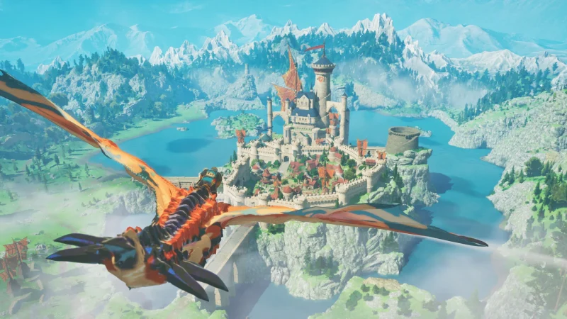 A rider flies a monster over a lake and castle in Monster Hunter Stories 3: Twisted Reflection