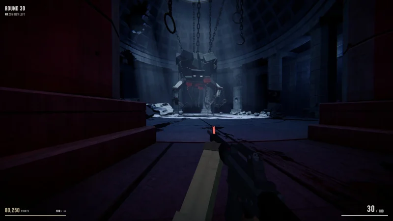 A dark arena with a giant creature in the background in Mortuus