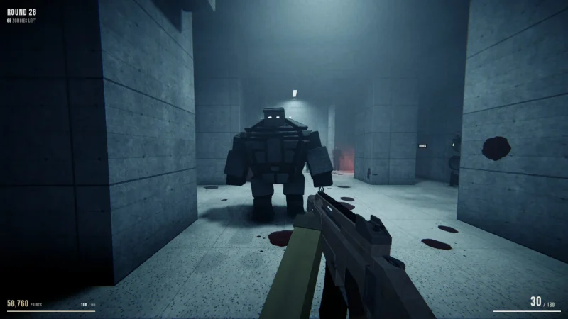 A huge Juggernaut zombie stomps down a concrete corridor toward the player in Mortuus