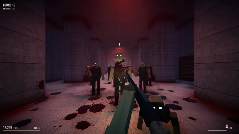 Zombies shamble toward the player through a blood-red corridor in Mortuus