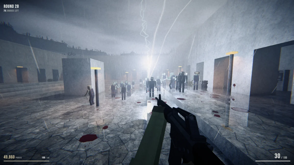 A first-person shotgun aimed at a horde of zombies in a stormy concrete courtyard in Mortuus