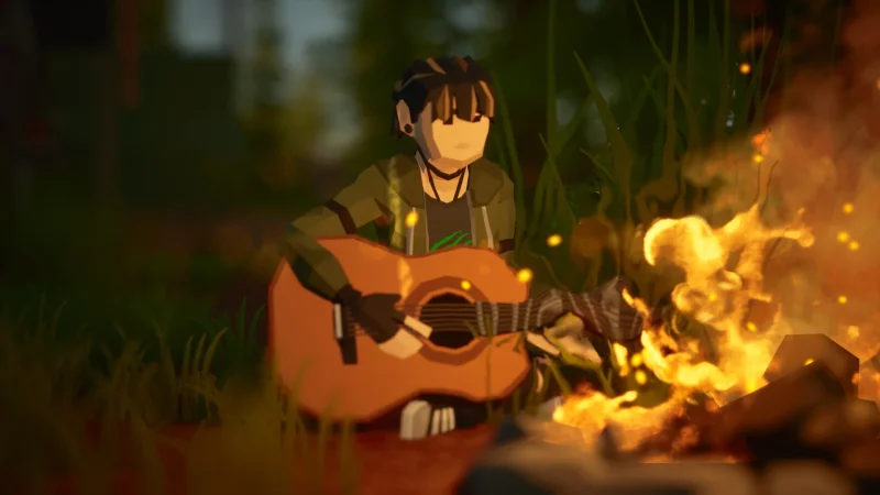 A survivor plays guitar by a campfire at night in Never Be Alone