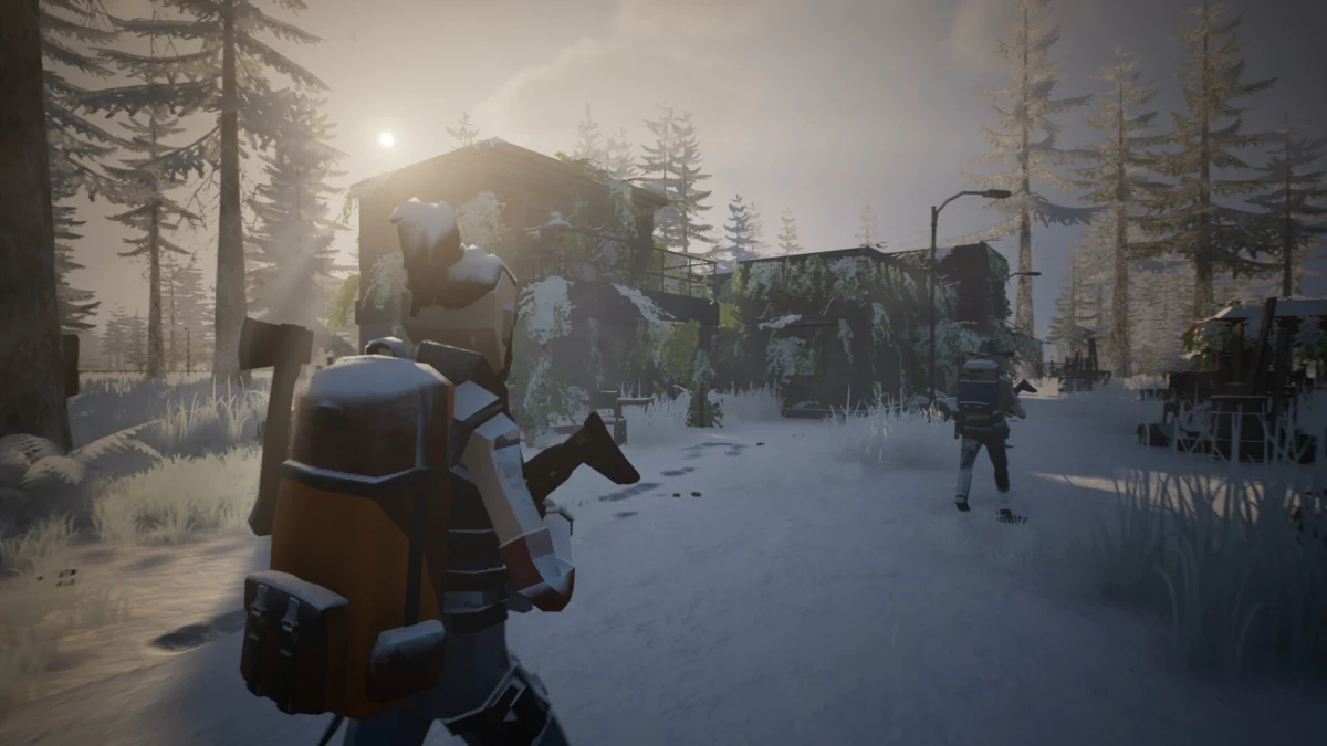 An armoured survivor and a hooded companion walk through a snowy, overgrown town in Never Be Alone