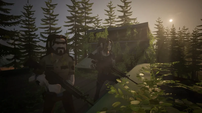 Two armed survivors in gas masks patrol a misty forest in Never Be Alone