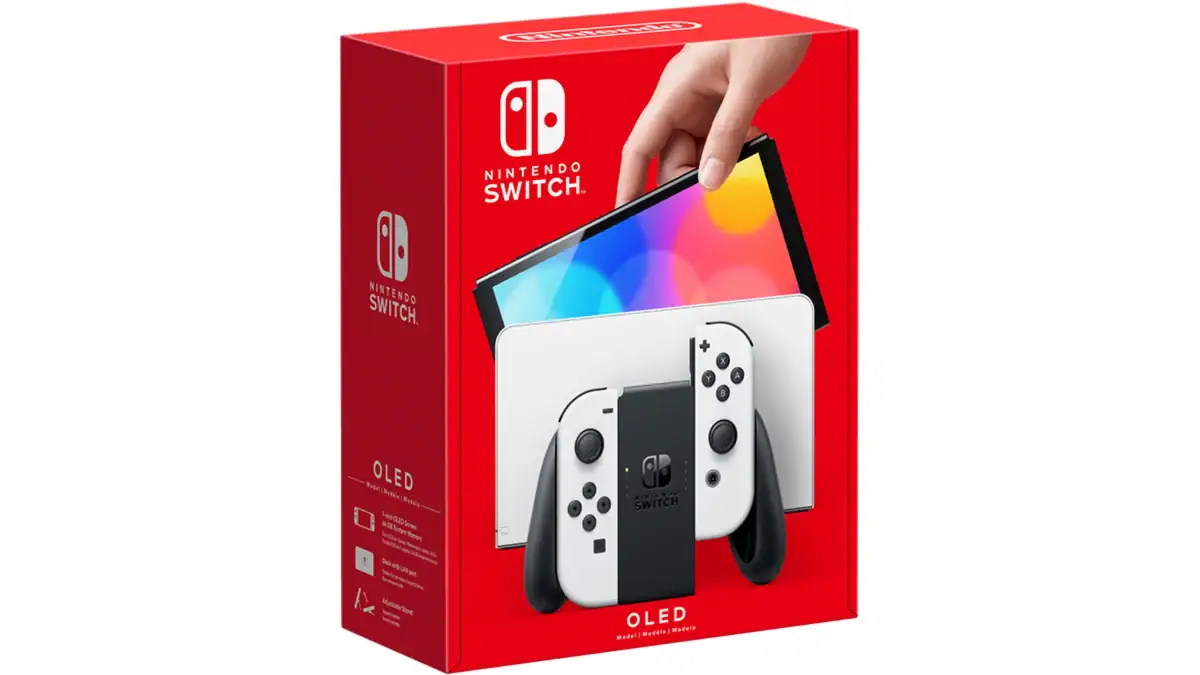 The white Nintendo Switch OLED model and its box