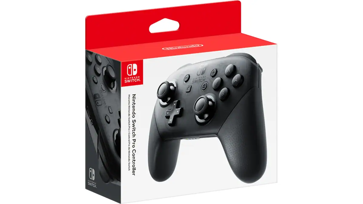 The black Nintendo Switch Pro Controller in its retail box